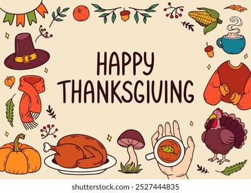 Happy Thanksgiving banner. Horizontal invitation background. Cozy Autumn doodle elements Turkey, pumpkin, flags, leaves, hat, acorns. Fall season banner template. Vector color illustration.