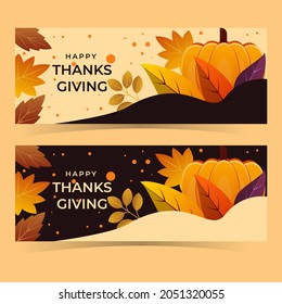 happy thanksgiving banner with pumpkin and leaves