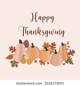 Happy Thanksgiving banner with pumpkins. Happy Thanksgiving text with pumpkin. Happy Thanksgiving poster, flyer, card design template with pumpkins seeds. 