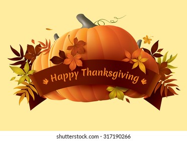 Happy Thanksgiving banner with ribbon and pumpkins