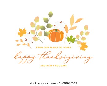 Happy Thanksgiving Banner, Thanksgiving Text, Happy Thanksgiving Vector, Holiday Banner, Happy Holidays Greeting Card, Thanksgiving Card, Autumn Fall Pumpkin Leaves Vector Illustration Background