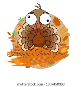 Happy thanksgiving  banner with turkey bird and autumn leaves. Can be use as flyer, poster, banner, background, greeting card. Vector illustration
