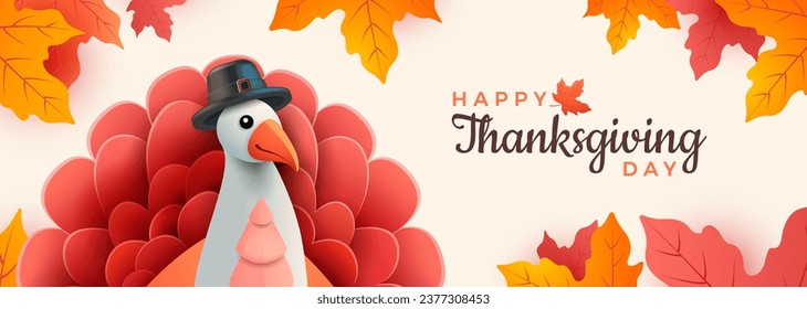 Alegre pancarta de Acción de Gracias con caricatura de pavo de Acción de Gracias y hojas de otoño de fondo amarillo - 3d ilustración vectorial de estilo moderno