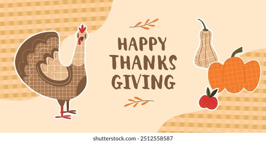 Happy Thanksgiving banner. Turkey, pumpkin, and autumn harvest on checkered background. Vector flat illustration.