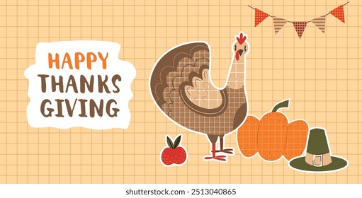 Feliz Anuncio de Acción de Gracias. Pavo, calabaza, sombrero de peregrino y cosecha de otoño sobre fondo a cuadros. Ilustración plana de Vector.