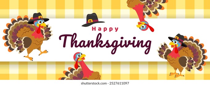 Happy Thanksgiving banner vector illustration. Cute Turkey bird on yellow plaid tartan background	