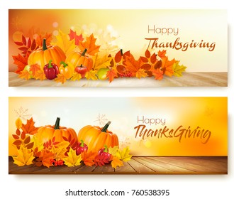 Happy Thanksgiving banners with autumn vegetables and colorful leaves. Vector.