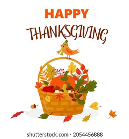 Happy Thanksgiving basket with pumpkin, mushrooms, fruits and leaves. Bird in hat is sitting on the basket. Thanksgiving symbol. Happy thanksgiving text template lettering greeting card. 