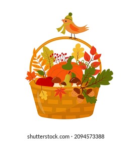 Happy Thanksgiving basket with pumpkin, mushrooms, fruits and leaves. Bird in hat and scarf is sitting on the basket. 