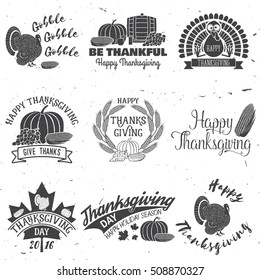 Happy Thanksgiving. Be thankful. Vector Thanksgiving retro badge. Concept for shirt or logo, print, stamp, patch. Pumpkin, corn apple barrel and grapes. Thanksgiving Designs on light background.