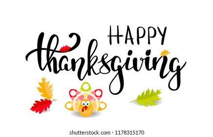 Happy thanksgiving brush hand lettering and turkey for greeting cards and poster, calligraphy vector illustration