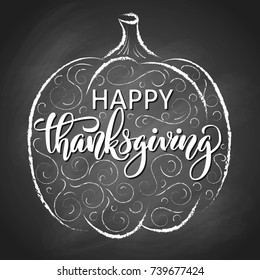 Happy thanksgiving brush hand lettering with pumpkin flourish sketch on black chalkboard background. Calligraphy vector illustration. Can be used for holiday design.