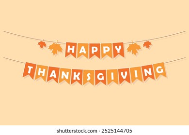 Happy Thanksgiving bunting garland, party lettering banner, orange pennants with white letters, greeting card, vector holiday decoration