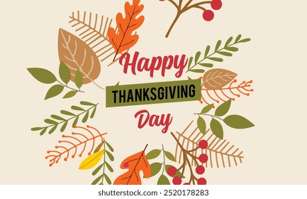 Happy Thanksgiving calligraphic text Vector illustration template.greeting cards lettering background with leafs.
