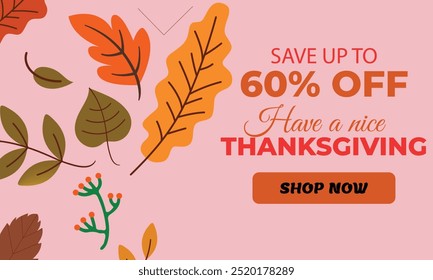 Happy Thanksgiving calligraphic text Vector illustration template.greeting cards lettering background with leafs.
