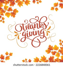 Happy Thanksgiving Calligraphy with leaves vector template