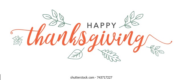 Happy Thanksgiving Calligraphy Text with Illustrated Green Leaves Over White Background, Vector Typography