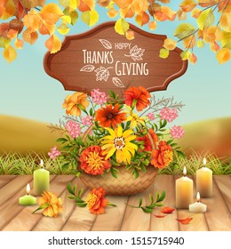 Happy Thanksgiving Card. Autumn background with a basket filled with autumn flowers, lighted candle and fallen petals