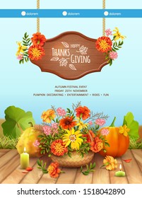 Happy Thanksgiving Card. Autumn background with a basket filled with autumn flowers, hanging sign, lighted candle, pumpkins and fallen flowers