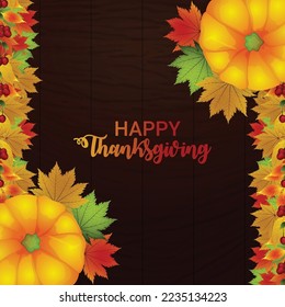 Happy thanksgiving card with autumn leaves and pumpkin