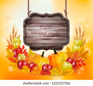 Happy Thanksgiving card with autumn vegetables and wooden sign. Vector.