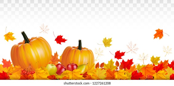 Happy Thanksgiving card with autumn vegetables and fruit on transparent background. Vector.