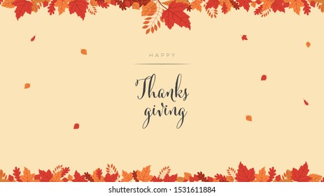 Happy thanksgiving card or background vector banner with colorful autumn leaves, foliage in red, orange and yellow colors. Eps10 illustration.