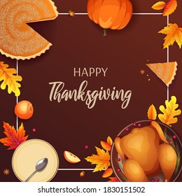 Happy Thanksgiving card with baked turkey, autumn leaves, pumpkin pie, apples and plates. Vector illustration for postcard, banner, card, poster, background.