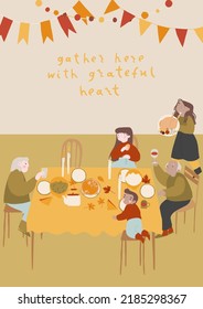 Happy Thanksgiving card, banner. Joyful family celebrating holiday sitting at dining table vector flat illustration. Happy children, parents and grandparents eating and drinking. Vector flat cartoon