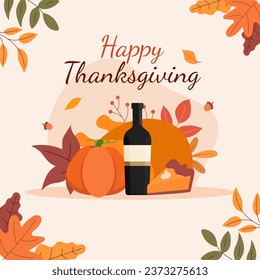 Happy Thanksgiving card, banner, poster, post. Modern and trendy background with traditional meal elements, pumpkin, wine, pie, turkey. Flat vector illustration.