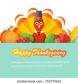 Happy Thanksgiving card or banner with turkey bird; pumpkin; harvest, vector illustration
With place for text.
