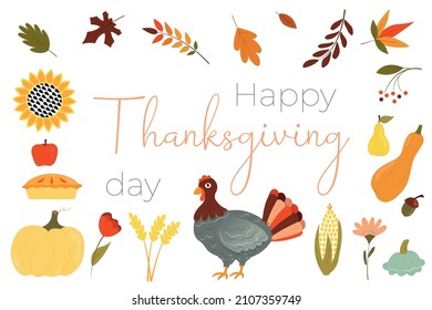 Happy Thanksgiving card, calligraphic text. set of autumn icons: leaves, acorn, turkey, pumpkin, american pie, flowers, corn, pear, apple. Vector illustration in a frame