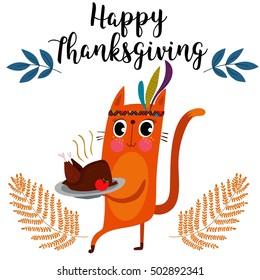 Happy Thanksgiving card in cartoon style with cat  for Happy celebration, can be use as flyer, poster or banner. - stock vector
