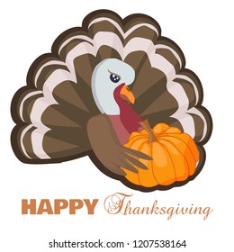 Happy thanksgiving card with cartoon turkey and pumpkin. Thanksgiving card. Vector illustration