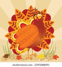 happy thanksgiving card with cartoon turkey icon with decorative autumn leaves. colorful design. vector illustration