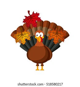 happy thanksgiving card with cartoon turkey icon with decorative autumn leaves over white background. colorful design. vector illustration