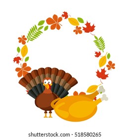 happy thanksgiving card with cartoon turkey icon with decorative autumn leaves. colorful design. vector illustration