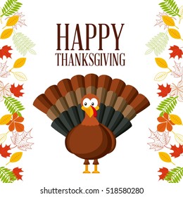 happy thanksgiving card with cartoon turkey and decorative autumn leaves. colorful design. vector illustration