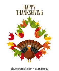 happy thanksgiving card with cartoon turkey and decorative leaves. colorful design. vector illustration