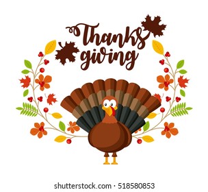 happy thanksgiving card with cartoon turkey and decoratice wreath of flowers. colorful design. vector illustration