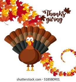 happy thanksgiving card with cartoon turkey and decorative leaves. colorful design. vector illustration