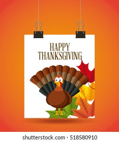 happy thanksgiving card with cartoon turkey and decorative leaves. colorful design. vector illustration
