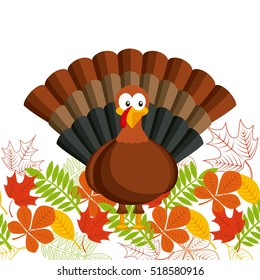 happy thanksgiving card with cartoon turkey icon with decorative autumn leaves. colorful design. vector illustration