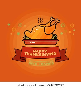 Happy Thanksgiving card. Cartoon Turkey on orange. Thanksgiving vector illustration.