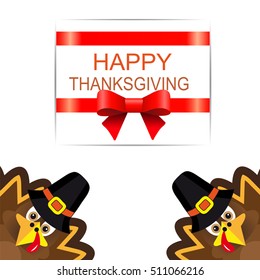 Happy Thanksgiving card. Cartoon turkeys in a pilgrim hat.