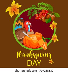 Happy thanksgiving card celebration banner design cartoon autumn greeting harvest season holiday brochure vector illustration. Traditional food dinner seasonal thanks giving poster.