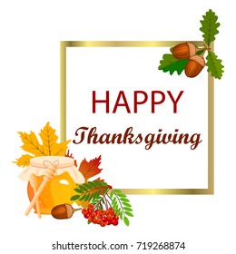 Happy thanksgiving card celebration banner design cartoon autumn greeting harvest season holiday brochure vector illustration. Traditional food dinner seasonal thanks giving poster.