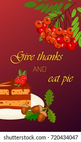 Happy thanksgiving card celebration banner design cartoon autumn greeting harvest season holiday brochure vector illustration. Traditional food dinner seasonal thanks giving poster.