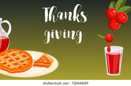 Happy thanksgiving card celebration banner design cartoon autumn greeting harvest season holiday brochure vector illustration. Traditional food dinner seasonal thanks giving poster.