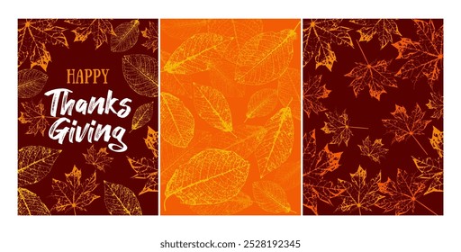 Happy Thanksgiving Kartensammlung mit Herbstblättern. Vektordesign-Vorlagen für Poster, Einladung, Flyer, Banner, Plakat, Broschüreneinband. Herbstferienhintergrund